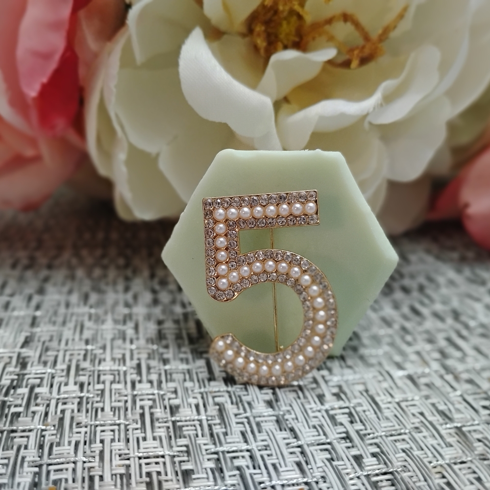 Pearl Embellished Number 5 Brooch
